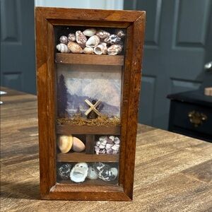 Wooden Shadow Box with Seashells and Landscape